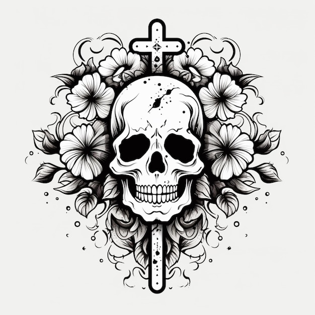 una calavera con una espada y flores a su alrededor ai generativa