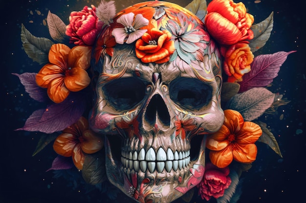 Calavera Festiva del Día de Muertos y Arreglo Floral IA Generativa