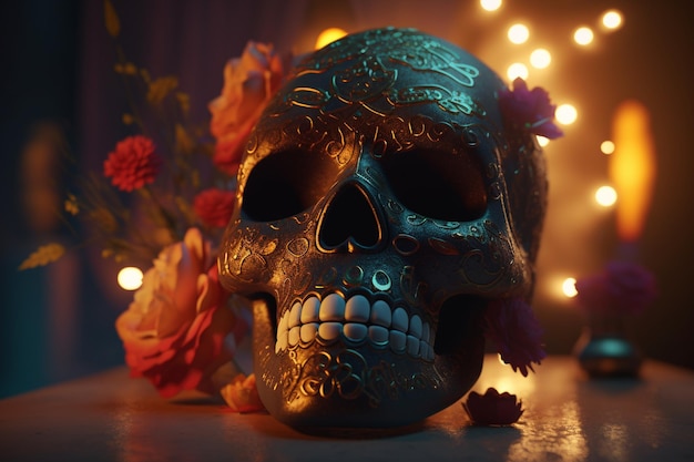 Una calavera con una flor al fondo