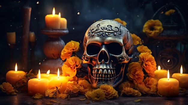 Calavera con flor de caléndula día de muertos