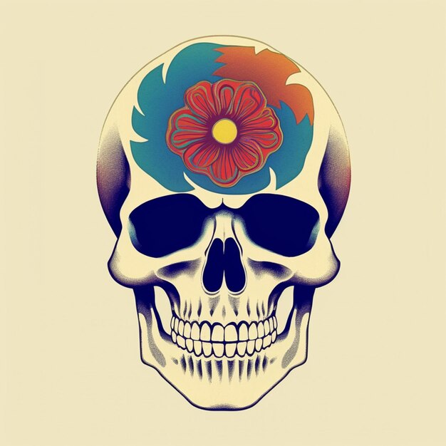 Una calavera con una flor coloreada con un fondo amarillo.