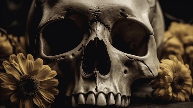 Una calavera con una flor en ella