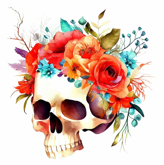 Calavera en flores acuarela dibujado a mano ilustración