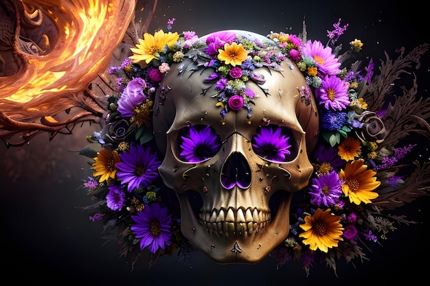 Una calavera con flores y una bola de fuego.