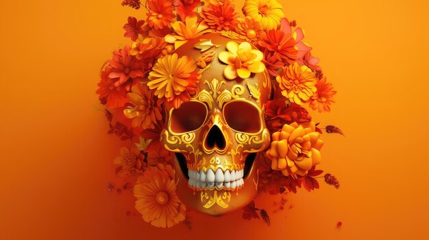 Una calavera con flores y una calavera encima.