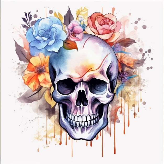 Una calavera con flores y una calavera encima.