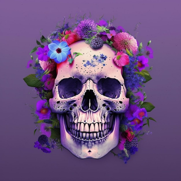 Una calavera con flores y una calavera encima.