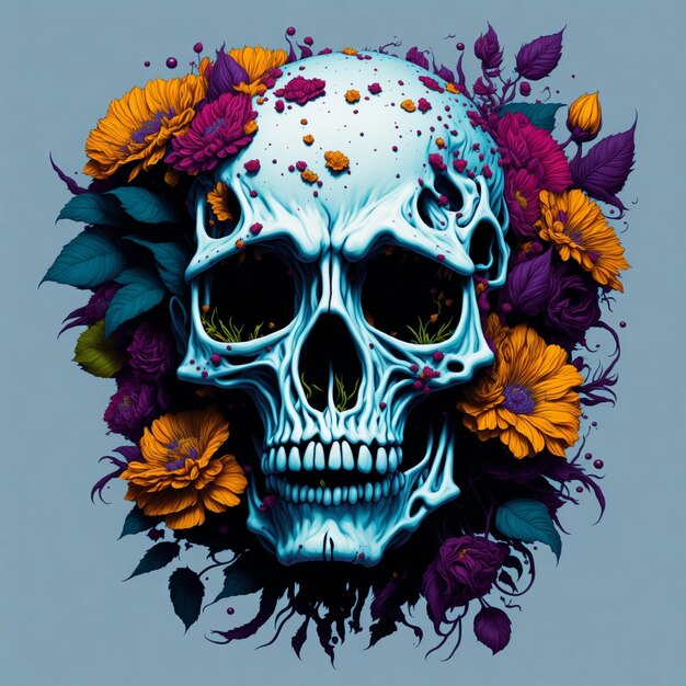 Una calavera con flores y una calavera encima.