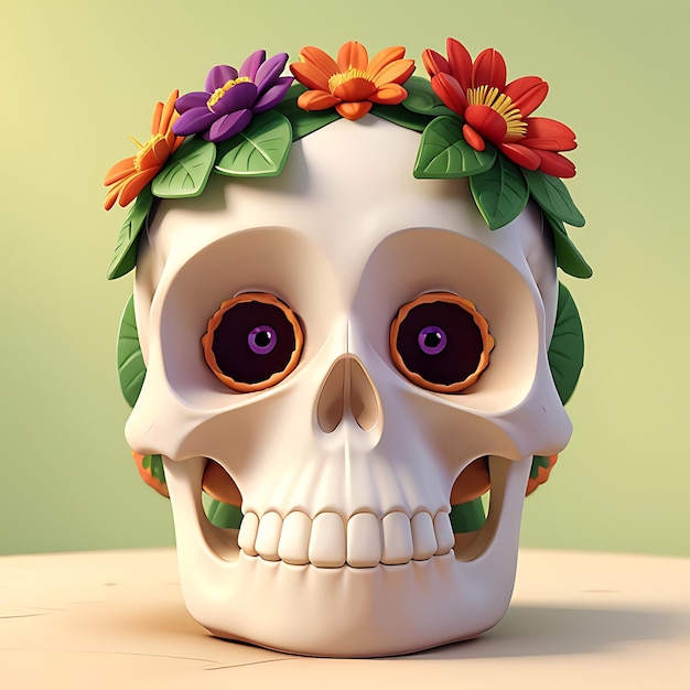 Calavera con flores de colores brillantes y hojas cubiertas con IA generativa