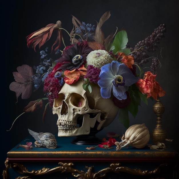 Una calavera con flores y una concha dorada y plateada sobre la mesa.