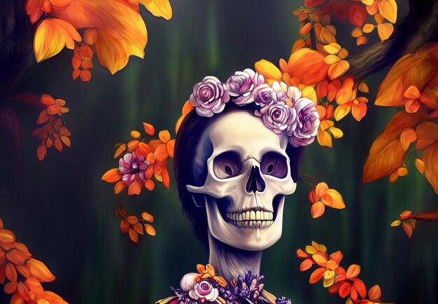 Calavera con flores fondo creativo cinematográfico para el día de los muertos halloween