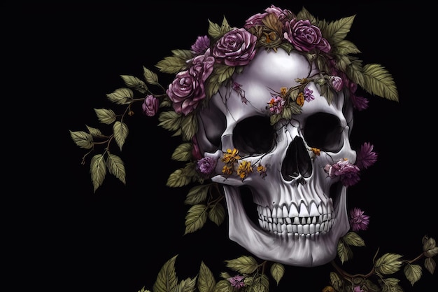 Calavera con flores fondo creativo cinematográfico para el día de los muertos halloween