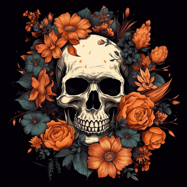 Una calavera y flores con un fondo negro.