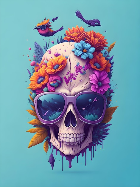 Una calavera con flores y gafas.