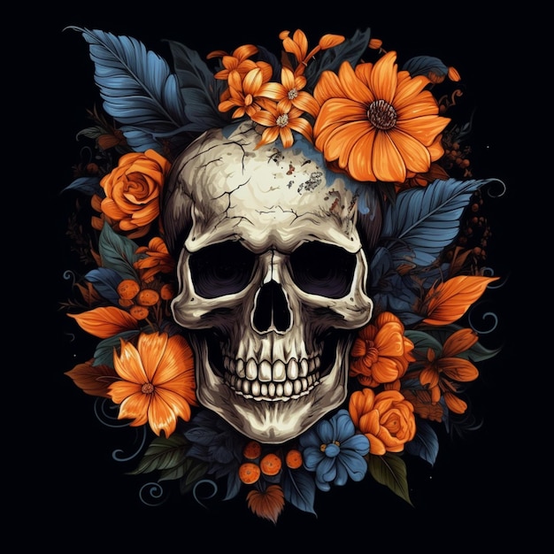 Una calavera con flores y hojas sobre un fondo negro.