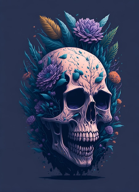 Una calavera con flores y hojas.