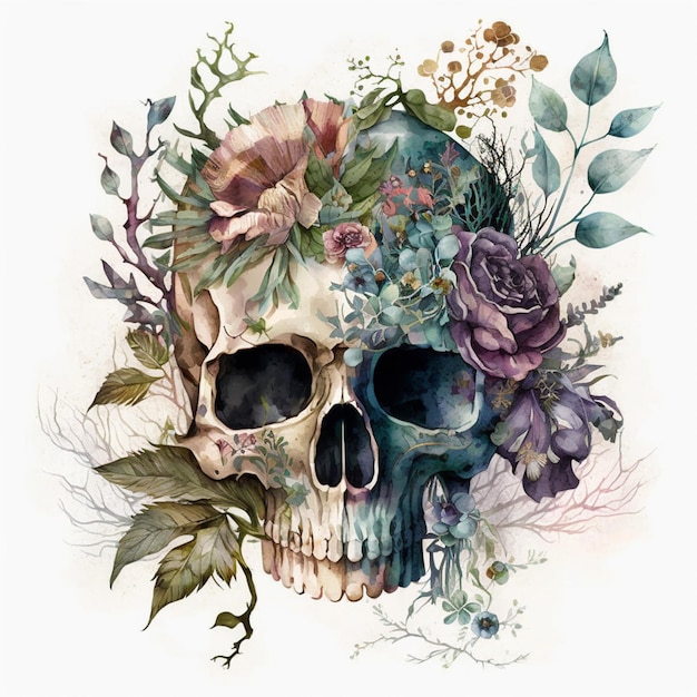 Una calavera con flores y hojas.