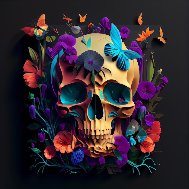 Una calavera con flores y mariposas.