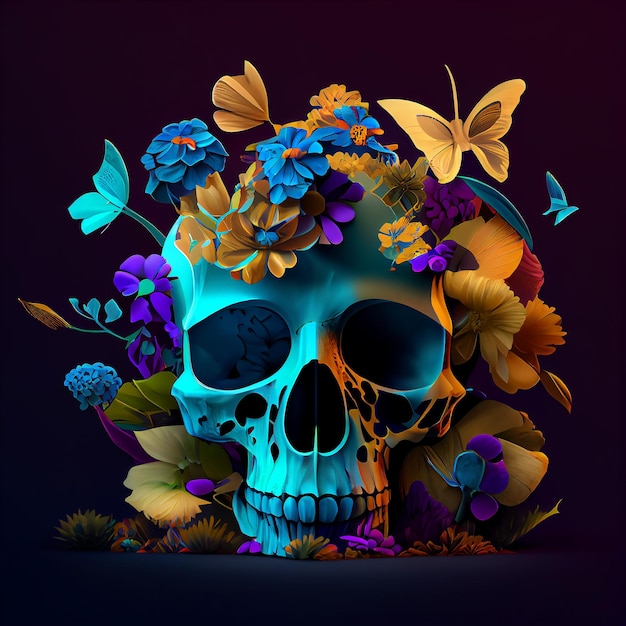 Una calavera con flores y mariposas.