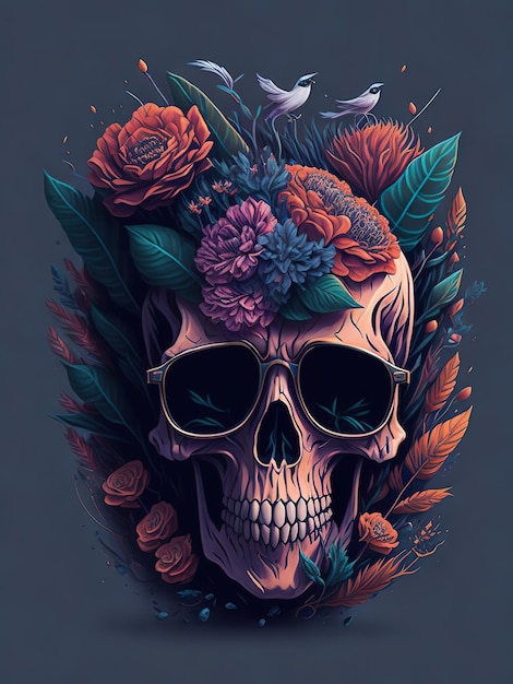 Una calavera con flores y un pájaro en ella.