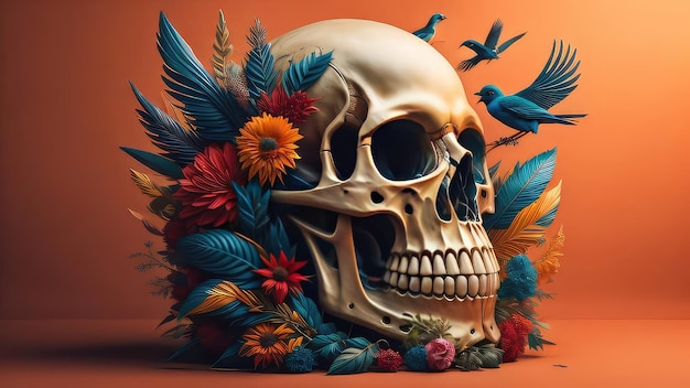 Una calavera con flores y pájaros.