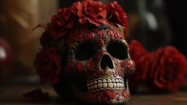 Una calavera con flores rojas