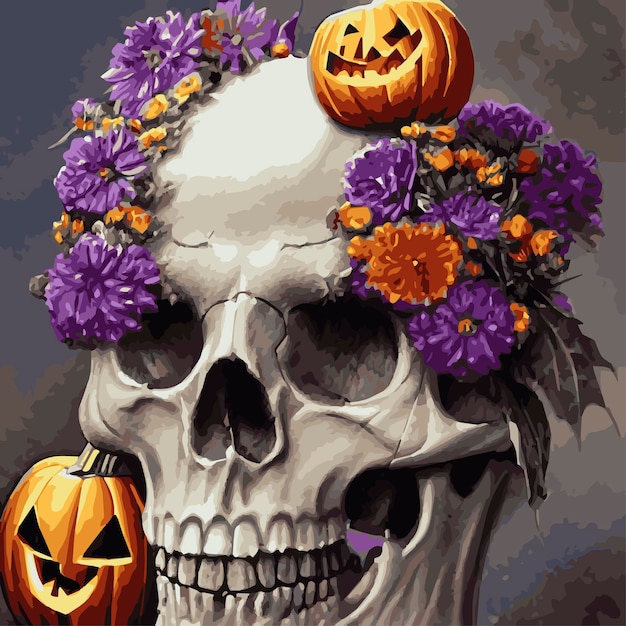 Calavera con flores rosas y calabazas para Halloween Ilustración vectorial para las vacaciones de otoño de Halloween en época antigua