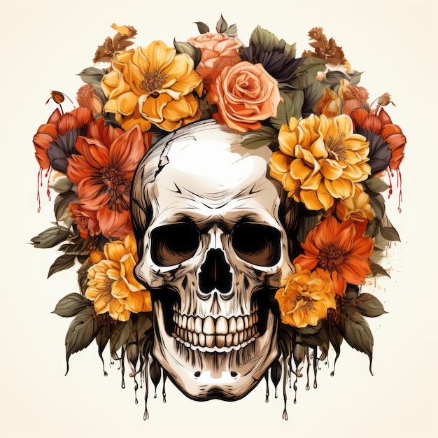 Calavera con flores sobre un fondo blanco.