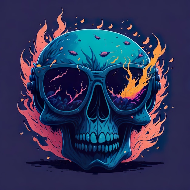 Una calavera con un fuego ardiente sobre ella.