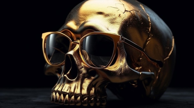 Una calavera con gafas de sol y un ai generador de fondo negro.