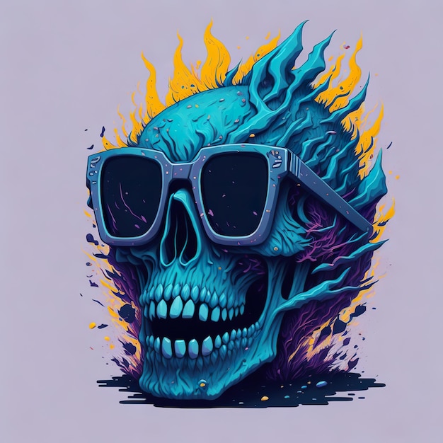 Una calavera con gafas de sol y una calavera azul con la palabra fuego.