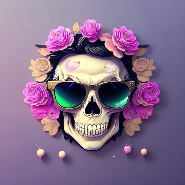 Una calavera con gafas de sol y una corona de flores.