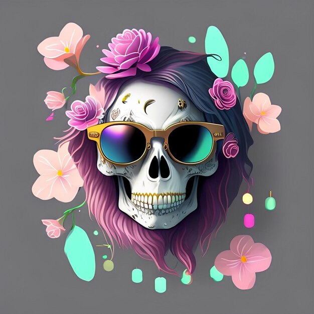 Una calavera con gafas de sol y flores está sobre una mesa.