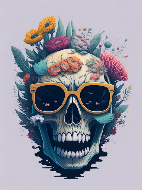 Foto una calavera con gafas de sol y flores.