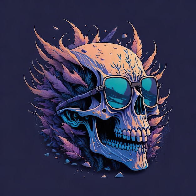 Una calavera con gafas de sol y un fondo azul.