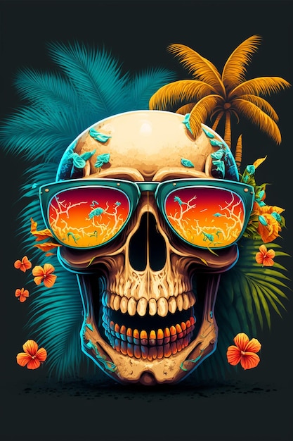 Una calavera con gafas de sol y un fondo tropical.