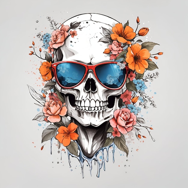 Una calavera con gafas de sol modernas y flores para el diseño de camisetas