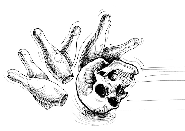 Foto calavera golpeando bolos. dibujo a tinta en blanco y negro