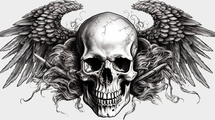 Calavera gótica con alas sobre fondo negro ai generativo