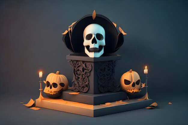 Calavera de Halloween en un podio de estilo de arte de papel, fondo generado por ai