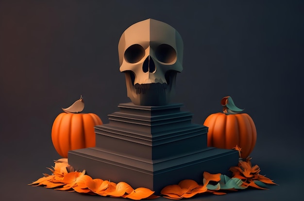 Calavera de Halloween en un podio de estilo de arte de papel, fondo generado por ai