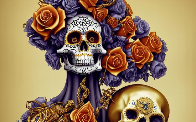 Calavera hecha de oro con flores y enredaderas fondo espeluznante para el día de los muertos