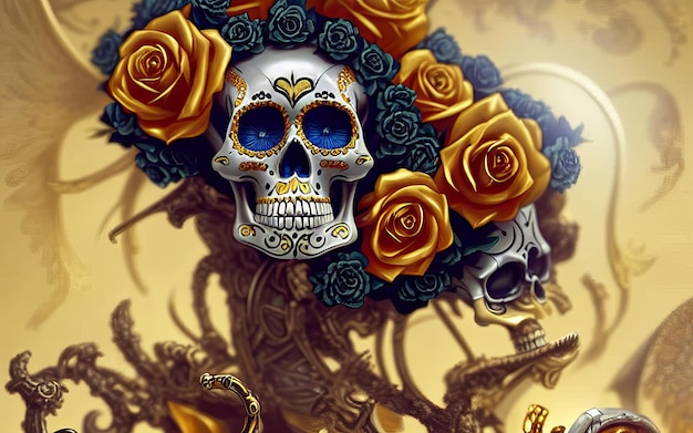 Calavera hecha de oro con flores y enredaderas fondo espeluznante para el día de los muertos