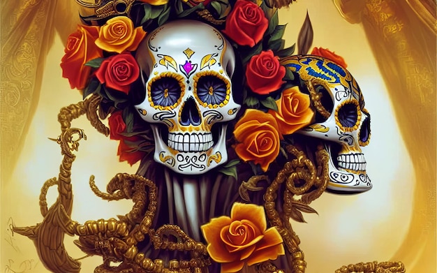 Calavera hecha de oro con flores y enredaderas fondo espeluznante para el día de los muertos