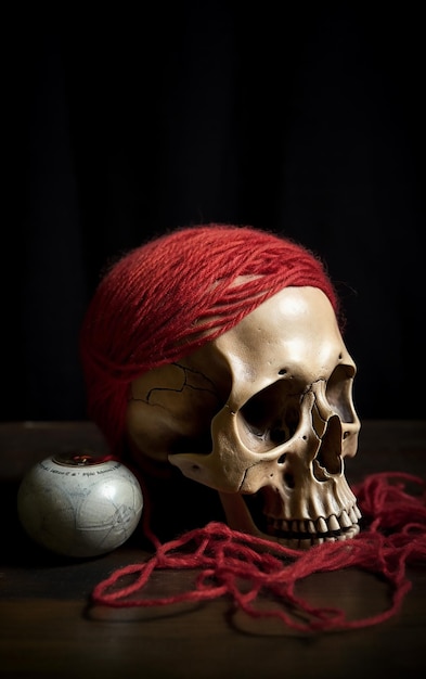 Una calavera con hilo rojo y un ovillo sobre la mesa.