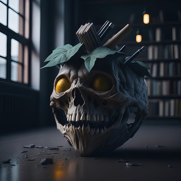 Una calavera con una hoja y un estante de libros detrás.