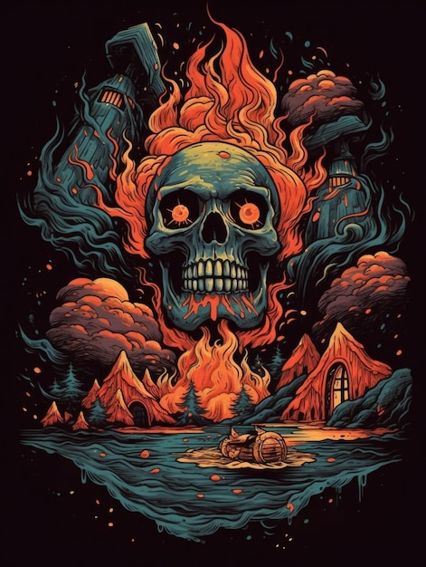 Una calavera con humo y fuego