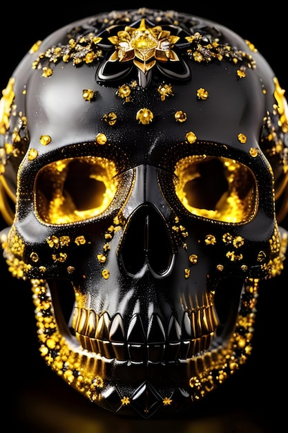 Foto calavera con joyas de oro sobre fondo negro