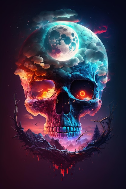 Calavera con luna y nubes