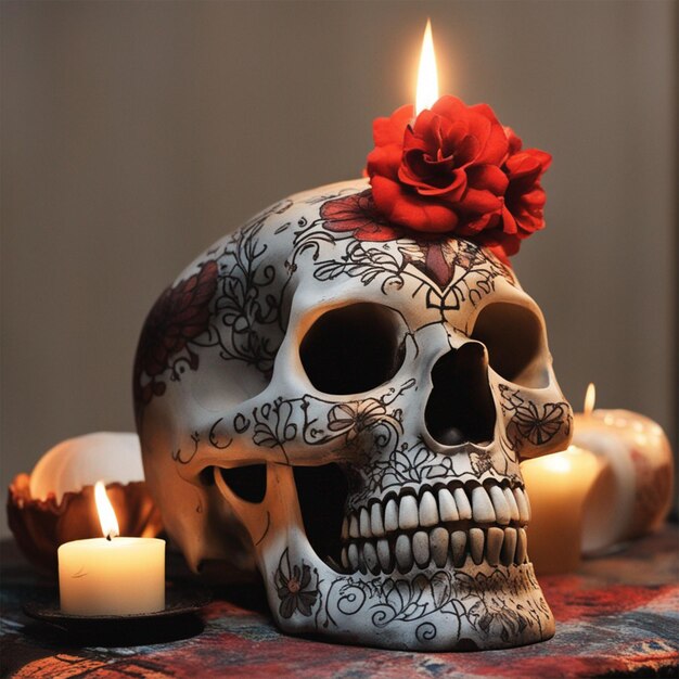 Una calavera a la luz de las velas añade un toque significativo al fondo de pantalla del festival del Día de los Muertos